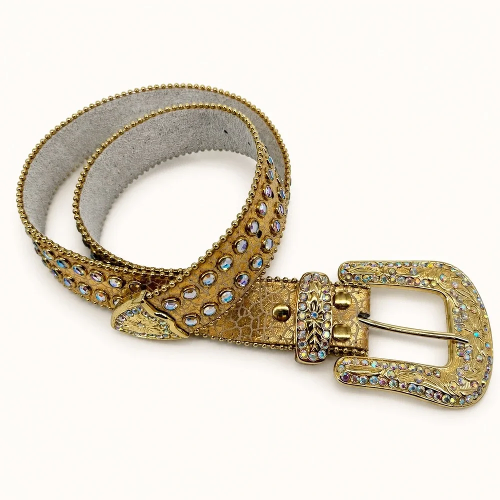 Gold Metallic Rhinestone Western Belt Small Crystal Embossed Croc Cowgirl Bling